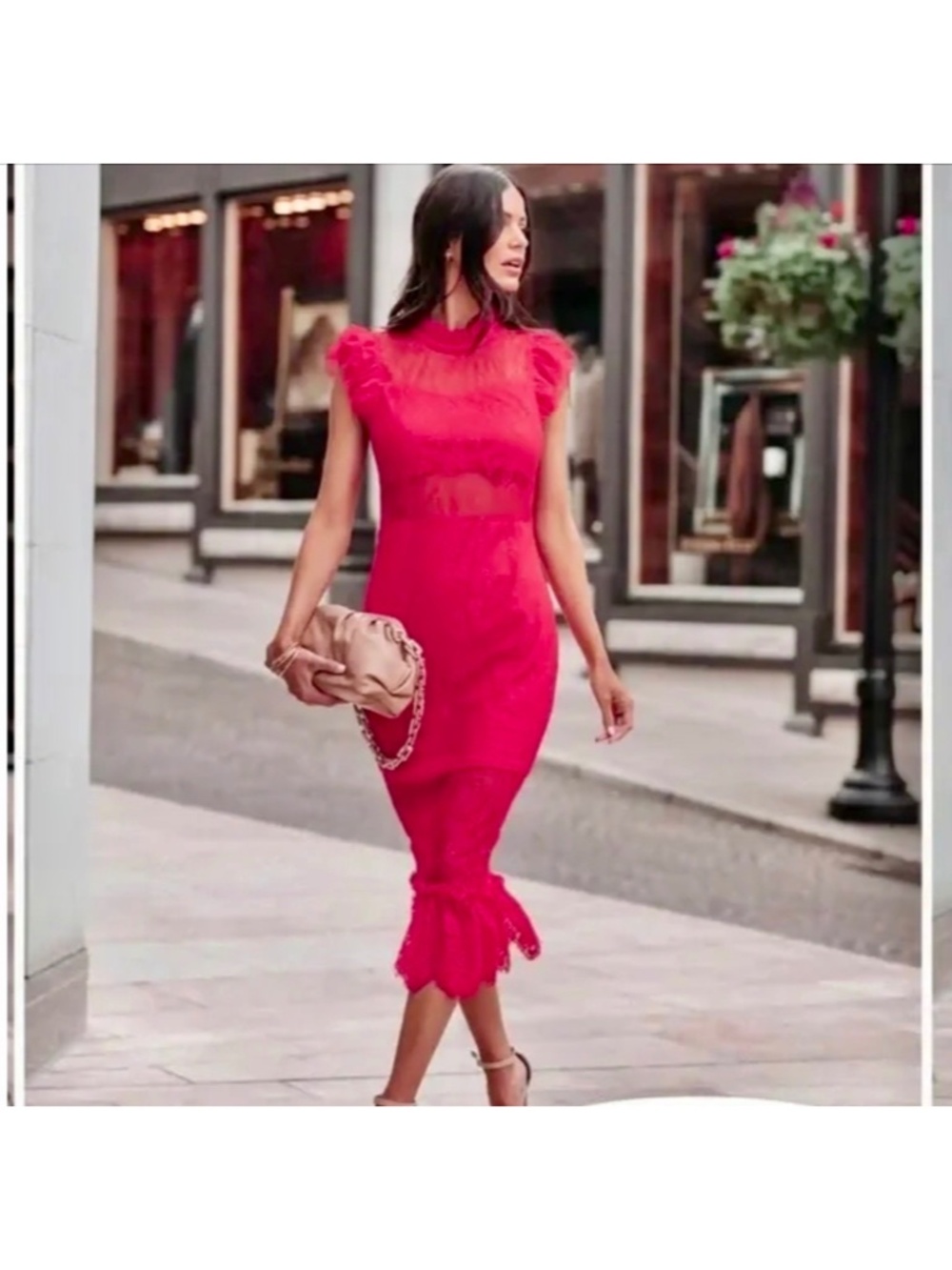 Endless Rose Saige Sheer Lace Midi Dress Fuchsia Pink Women's Size Medium